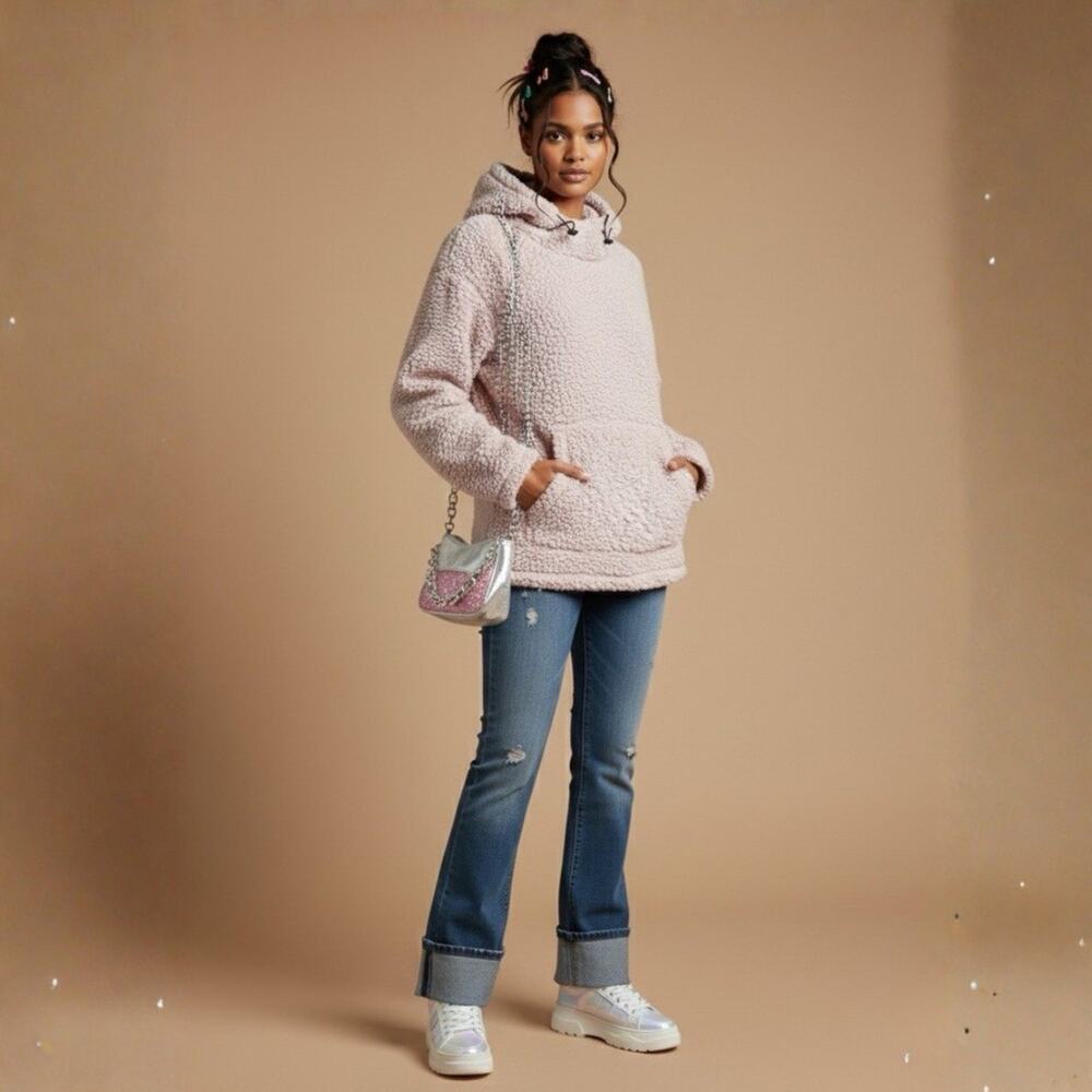 VS PINK Dusty Pink Sherpa Hoodie M - Y2K McBling Oversized Fleece Sweatshirt